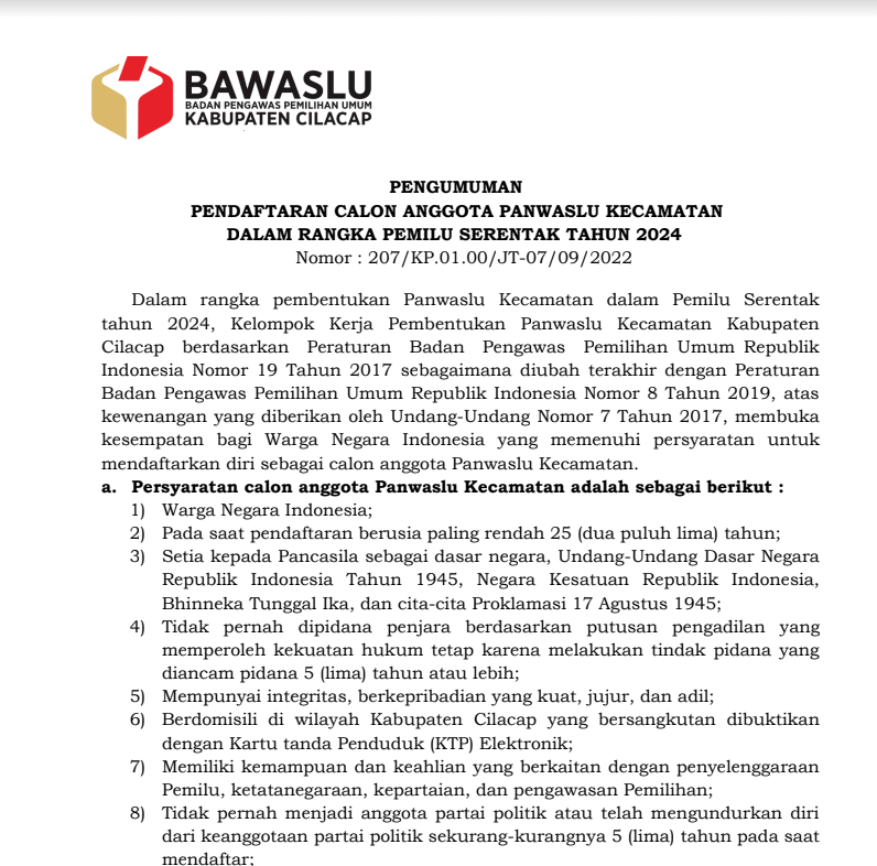 Pendaftaran dan Penerimaan Berkas Panwaslu Kecamatan Tahun 2024