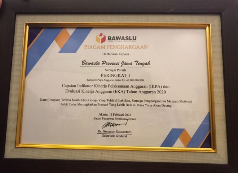Bawaslu Jateng Raih Peringkat I Kinerja Anggaran