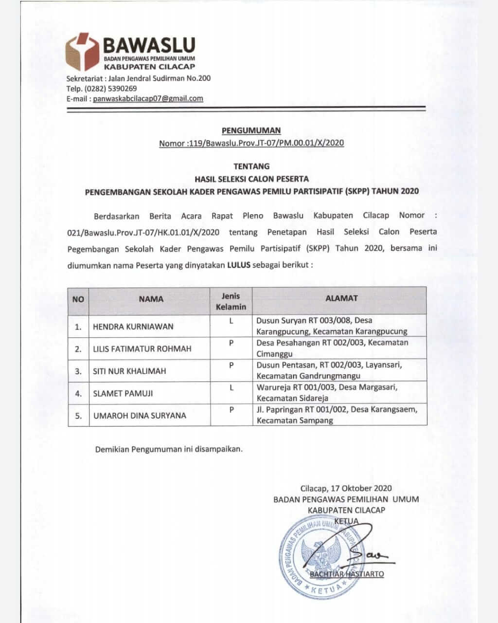 Pengumuman Hasil Seleksi Calon Peserta Pengembangan Sekolah Kader Pengawas Pemilu Partisipatif (SKPP) Tahun 2020