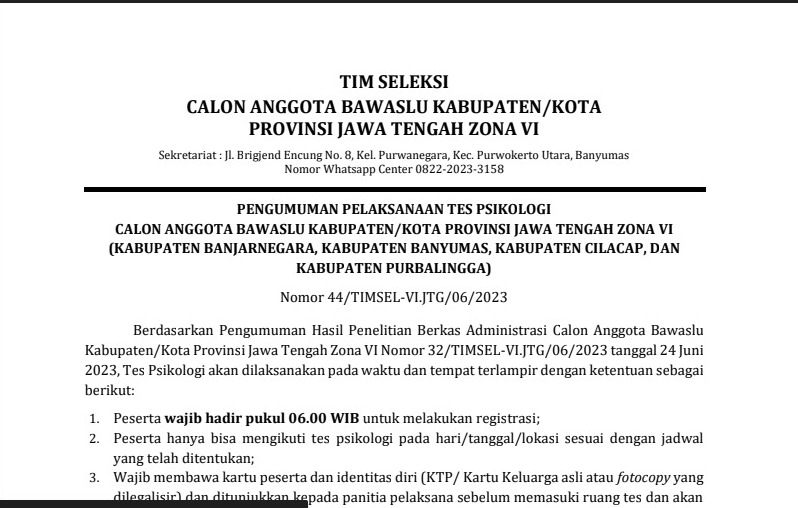 PENGUMUMAN PELAKSANAAN TES PSIKOLOGI  CALON ANGGOTA BAWASLU KABUPATEN/KOTA PROVINSI JAWA TENGAH ZONA VI