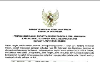 PENGUMUMAN CALON ANGGOTA BADAN PENGAWAS PEMILIHAN UMUM KABUPATEN/KOTA TERPILIH MASA JABATAN 2023-2028 Nomor:2573.1/KP.01.00/K1/08/2023